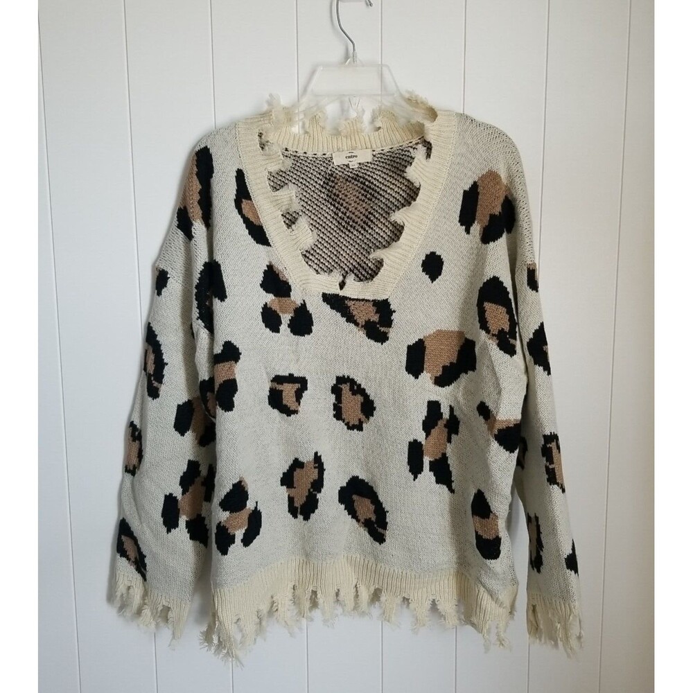 Entro Sweater Medium Animal Print Scoop Neck Pullover Fringe Knit Chunky